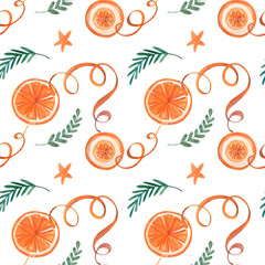 Watercolor christmas elegant pattern on white background. Dried orange slices and xmas tree branches for textile and packing.