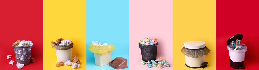 Collage of rubbish bins with garbage on color background