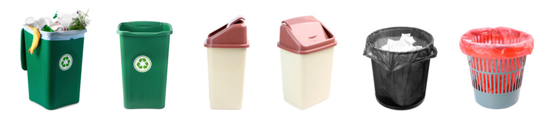 Collage of rubbish bins with garbage on white background