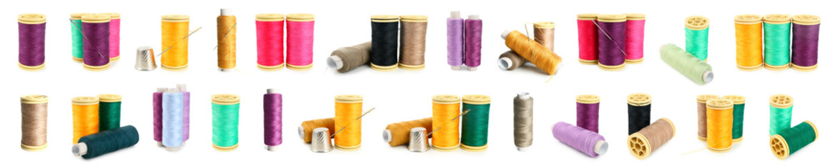 Group of colorful thread spools on white background