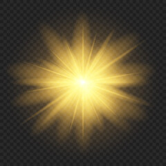 Golden glowing light explodes. Shining white star. Light effect bright star, Christmas star.