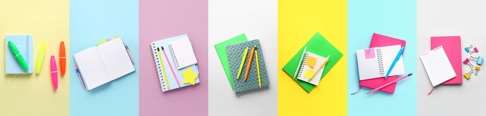 Set of notebooks with office supplies on color background