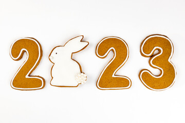 Fragrant, glazed gingerbread cookies in the form of numbers 2023 and a rabbit isolated on a white...