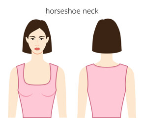 Obraz premium Horseshoe neckline clothes character beautiful lady in pink top, shirt, dress technical fashion illustration with fitted body. Flat apparel template front, back sides. Women, men unisex CAD mockup