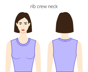 Rib crew neckline knits, sweaters clothes character beautiful lady in lavanda top, shirt, dress technical fashion illustration. Flat apparel template front, back sides. Women, men unisex CAD mockup