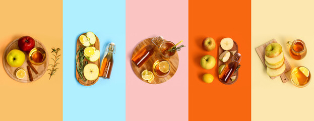 Collage with fresh apple juice on colorful background, top view