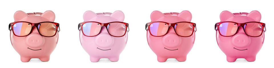 Collage of pink piggy banks with eyeglasses on white background