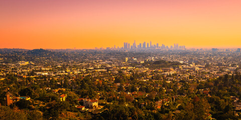 Los Angeles city skyline landscape at sunset from Griffith Observatory, California, USA