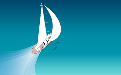 大きな白い帆の帆船セイルボートがきれいな青い海をイルカと一緒に快適に航海しているイラスト © maxidesign