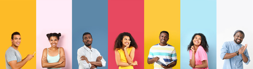 Set of young African-American people on color background