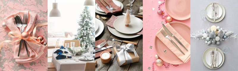 Collage with different Christmas table settings