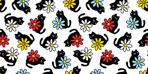Fototapeta premium cat seamless pattern flower daisy kitten vector calico gift wrapping paper tile background scarf isolated repeat wallpaper cartoon illustration design