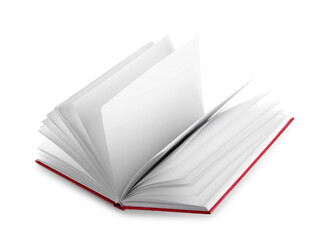 Flying open book on white background