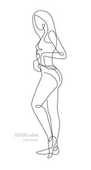 Vector slim girl profile on white background. Graphic linear illustration. Woman with beautiful figure. Elegant pose. Side view. Decorative art element for sports banner, advertisement layout design.