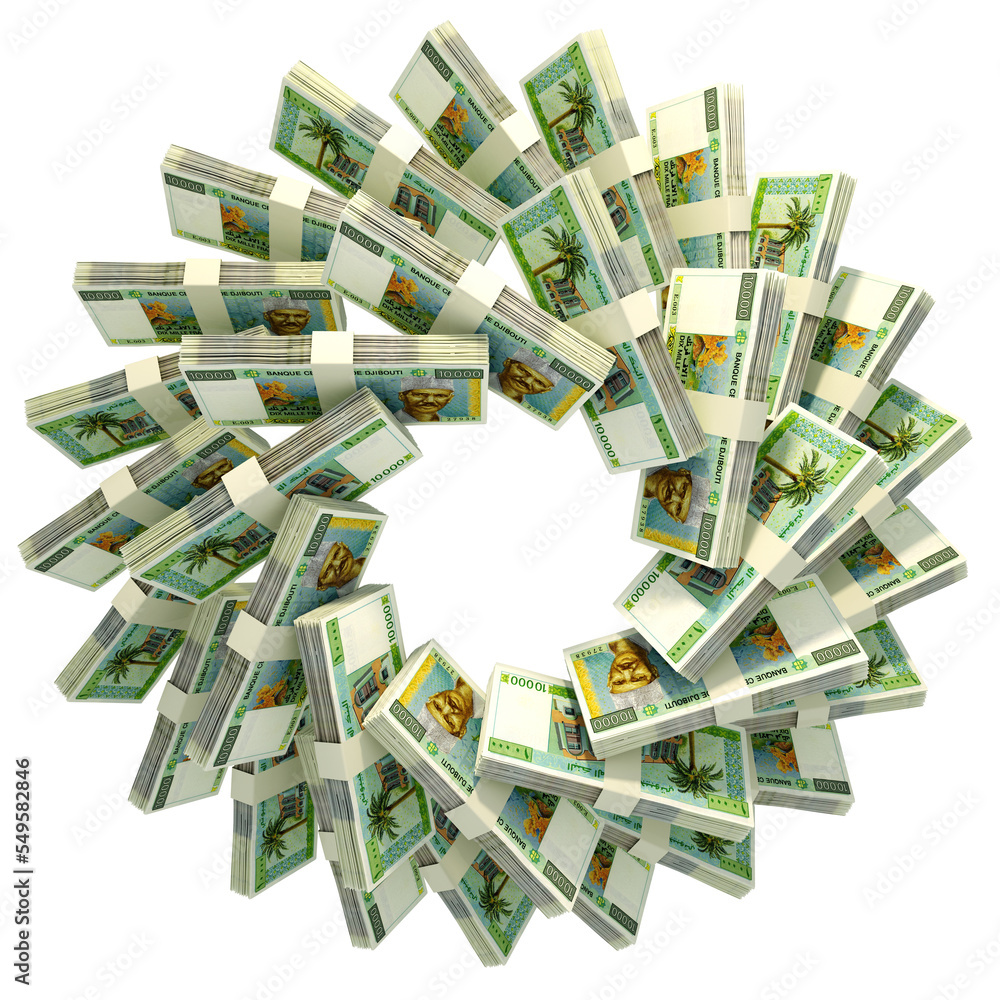 Poster 3d rendering of stacks of djiboutian franc arranged in a circular pattern.