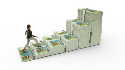 Business woman climbing stairs made of Djiboutian franc notes. 3D rendering of money arranged in the shape of a financial growth graph icon. Business growth concept