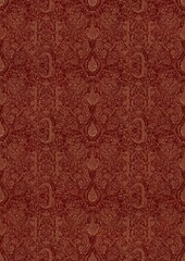 Hand-drawn unique abstract symmetrical seamless gold ornament on a deep red background. Paper texture. Digital artwork, A4. (pattern: p01e)