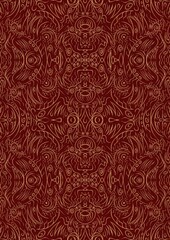 Hand-drawn unique abstract symmetrical seamless gold ornament on a deep red background. Paper texture. Digital artwork, A4. (pattern: p03d)