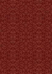 Hand-drawn unique abstract symmetrical seamless gold ornament on a deep red background. Paper texture. Digital artwork, A4. (pattern: p03e)