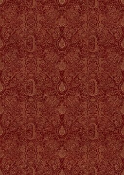 Hand-drawn unique abstract symmetrical seamless gold ornament on a deep red background. Paper texture. Digital artwork, A4. (pattern: p01e)