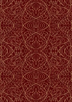 Hand-drawn unique abstract symmetrical seamless gold ornament on a deep red background. Paper texture. Digital artwork, A4. (pattern: p02-2d)