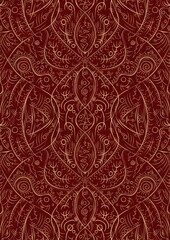Hand-drawn unique abstract symmetrical seamless gold ornament on a deep red background. Paper texture. Digital artwork, A4. (pattern: p08-2d)