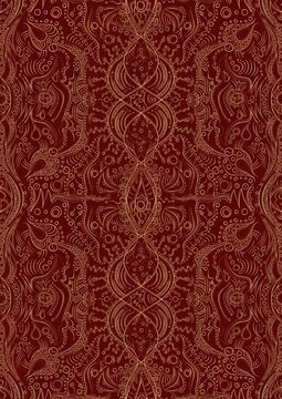 Hand-drawn unique abstract symmetrical seamless gold ornament on a deep red background. Paper texture. Digital artwork, A4. (pattern: p09d)
