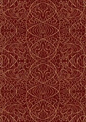 Fototapeta premium Hand-drawn unique abstract symmetrical seamless gold ornament and splatters of golden glitter on a deep red background. Paper texture. Digital artwork, A4. (pattern: p02-2d)