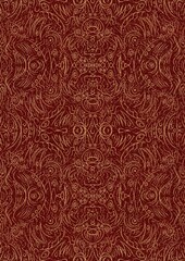 Hand-drawn unique abstract symmetrical seamless gold ornament and splatters of golden glitter on a deep red background. Paper texture. Digital artwork, A4. (pattern: p03d)