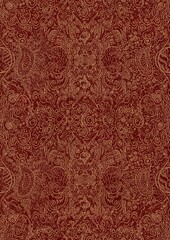 Hand-drawn unique abstract symmetrical seamless gold ornament and splatters of golden glitter on a deep red background. Paper texture. Digital artwork, A4. (pattern: p04d)