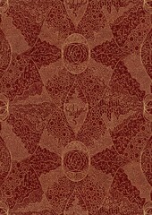 Hand-drawn unique abstract symmetrical seamless gold ornament and splatters of golden glitter on a deep red background. Paper texture. Digital artwork, A4. (pattern: p05d)