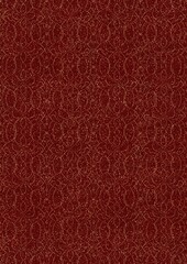 Hand-drawn unique abstract symmetrical seamless gold ornament and splatters of golden glitter on a deep red background. Paper texture. Digital artwork, A4. (pattern: p08-1f)