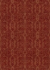 Hand-drawn unique abstract symmetrical seamless gold ornament and splatters of golden glitter on a deep red background. Paper texture. Digital artwork, A4. (pattern: p09e)