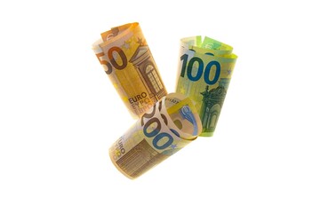 Money and finance. Euro money. Euro banknotes close-up isolated on a white background.Euro...