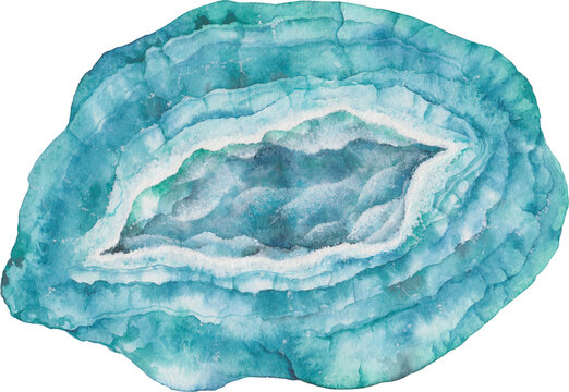 Transparent Background chrysocolla geode Illustration Png. Transparent Clipart Image of watercolor blue crystal ready-to-use for site, article, print. Throat chakra stone, healing crystal