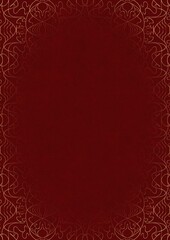Deep red textured paper with vignette of golden hand-drawn pattern. Copy space. Digital artwork, A4. (pattern: p02-1e)
