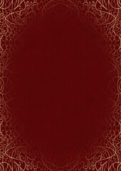 Deep red textured paper with vignette of golden hand-drawn pattern. Copy space. Digital artwork, A4. (pattern: p02-2d)