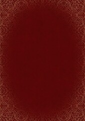 Deep red textured paper with vignette of golden hand-drawn pattern. Copy space. Digital artwork, A4. (pattern: p02-2e)