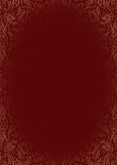 Deep red textured paper with vignette of golden hand-drawn pattern. Copy space. Digital artwork, A4. (pattern: p03d)