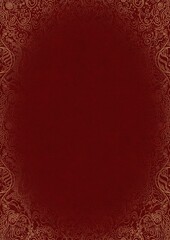 Deep red textured paper with vignette of golden hand-drawn pattern. Copy space. Digital artwork, A4. (pattern: p04d)