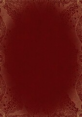 Deep red textured paper with vignette of golden hand-drawn pattern. Copy space. Digital artwork, A4. (pattern: p05d)