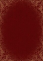 Deep red textured paper with vignette of golden hand-drawn pattern. Copy space. Digital artwork, A4. (pattern: p05e)