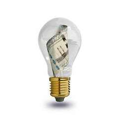 3d rendering of Saudi riyal note inside transparent light bulb isolated on white background, creative thinking. Making money by solving problem. idea concept