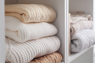 Knitted sweaters on shelf in room, closeup