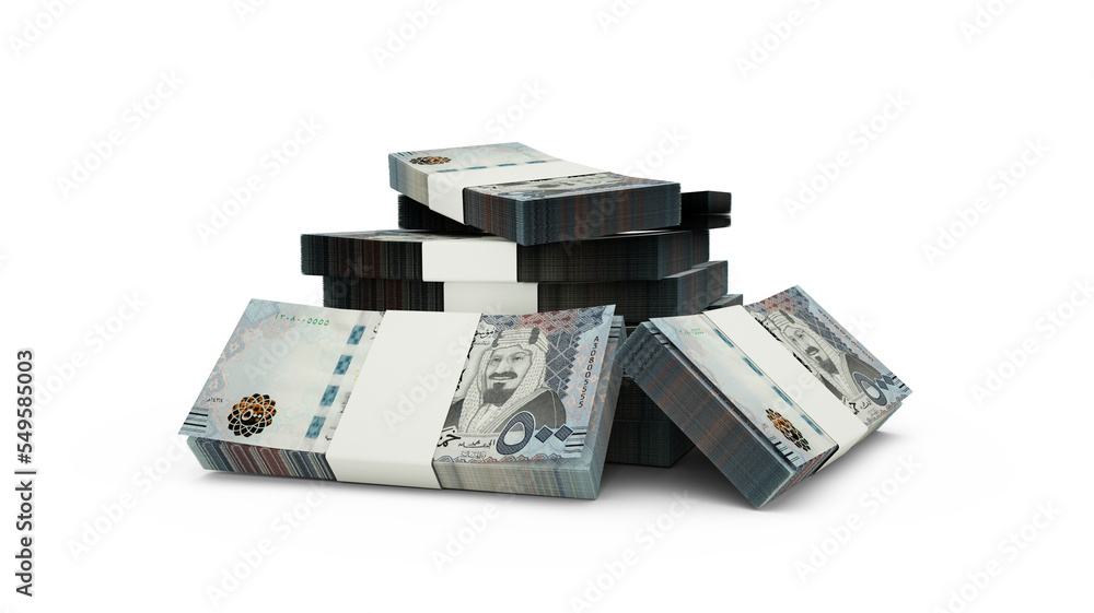 Poster 3d rendering of stack of saudi riyal notes. bundles of saudi currency notes isolated on white backgr