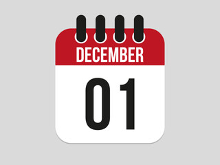 1 December calendar icon. Calendar template for the days of december. Red banner for dates and business