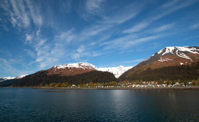 Naklejka premium Kenai Mountains and clouds around Resurrection Bay on the Kenai Peninsula in Seward Alaska United States