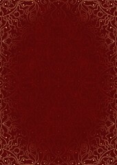 Hand-drawn unique abstract ornament. Light red on a deep red background, with vignette of same pattern in golden glitter. Paper texture. Digital artwork, A4. (pattern: p07-2d)
