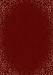 Hand-drawn unique abstract ornament. Light red on a deep red background, with vignette of same pattern in golden glitter. Paper texture. Digital artwork, A4. (pattern: p08-2e)