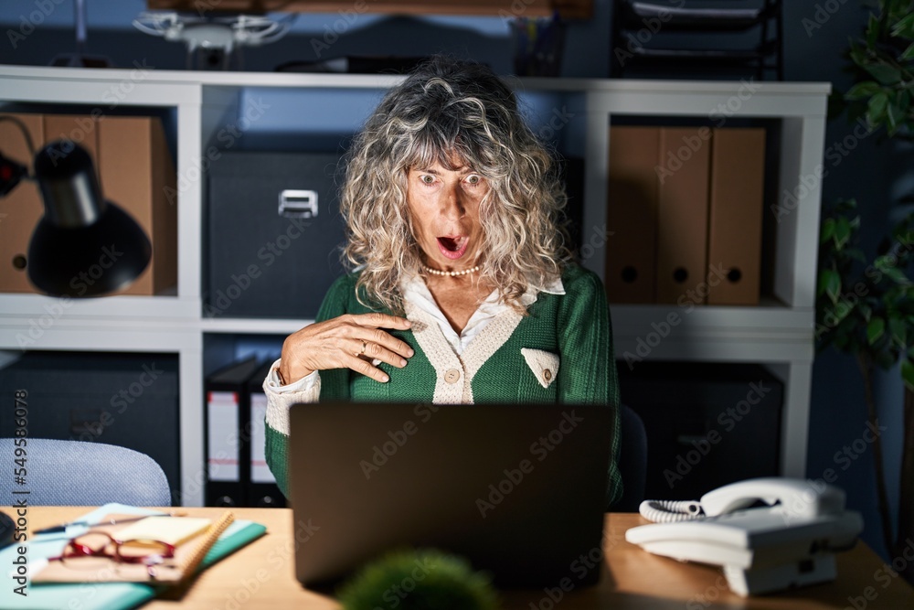 Canvas Prints Middle age woman working at night using computer laptop in shock face, looking skeptical and sarcastic, surprised with open mouth